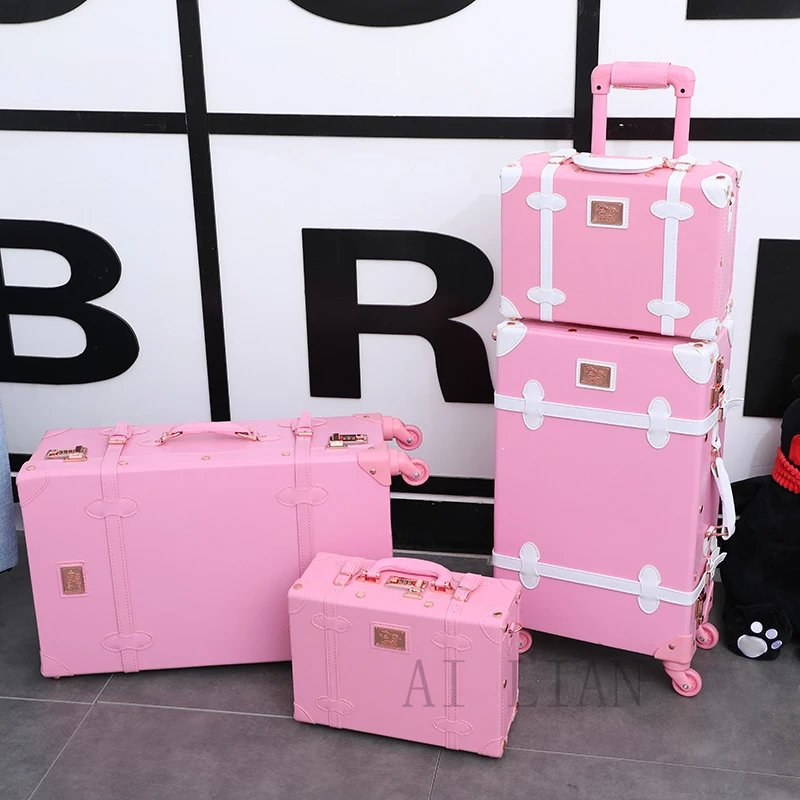

New Travel suit on spinner wheels Trolley luggage set 20'' cabin luggage bag PU leather Retro vintage suit girls bag