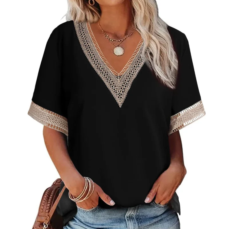 

2023 Summer New Temperament Women's Clothing Loose Short Sleeve V-Neck Lace Hollow Out Solid Color Casual Commute Tops Blouse