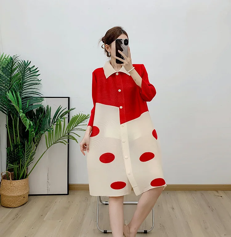 원피스 라펠 폴카 도트 플리츠 가디건, 라지 사이즈 셔츠, 패션 재킷, 여성 플러스 사이즈 의류, 2024 여름 신상