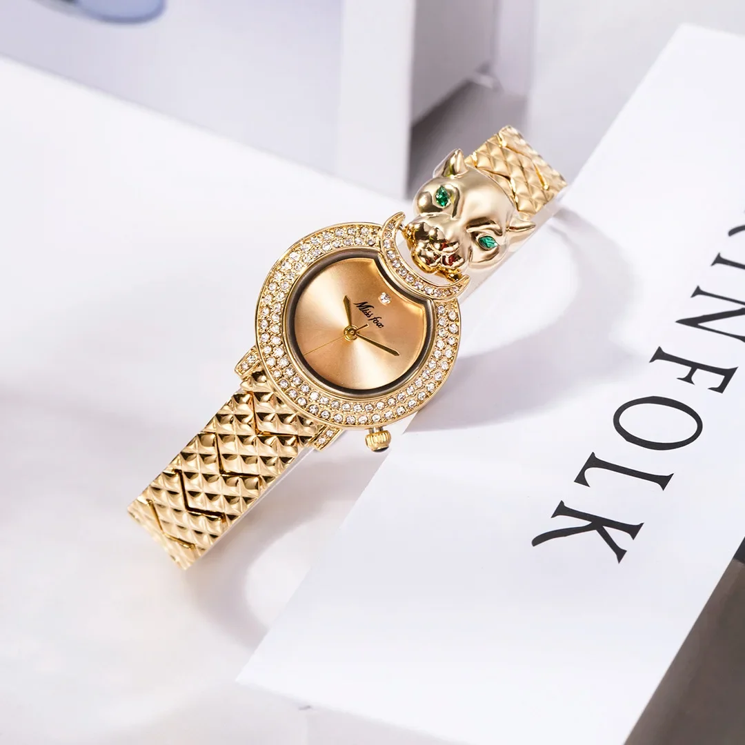 Luxury Leopard 18K Gold Plated Watch for Women Elegant Womens Quartz Watch Bling Iced Out Diamond Ladies Watch Relogio Feminino