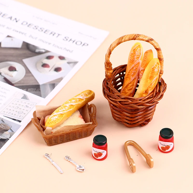 6/7Pcs 1:12 Dollhouse Miniature Food Mini Honey Bread Jam Basket Picnic Set Pretend Doll House Decor Accessories Kid Toys Gifts