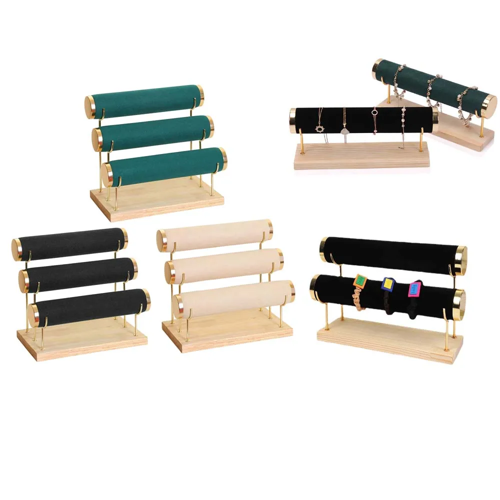 Bamboo Wood Velvet Bracelet Chain Watch T-Bar Rack Jewelry Hard Display Stand for Store Bangle Necklace Organizer Headband Rack