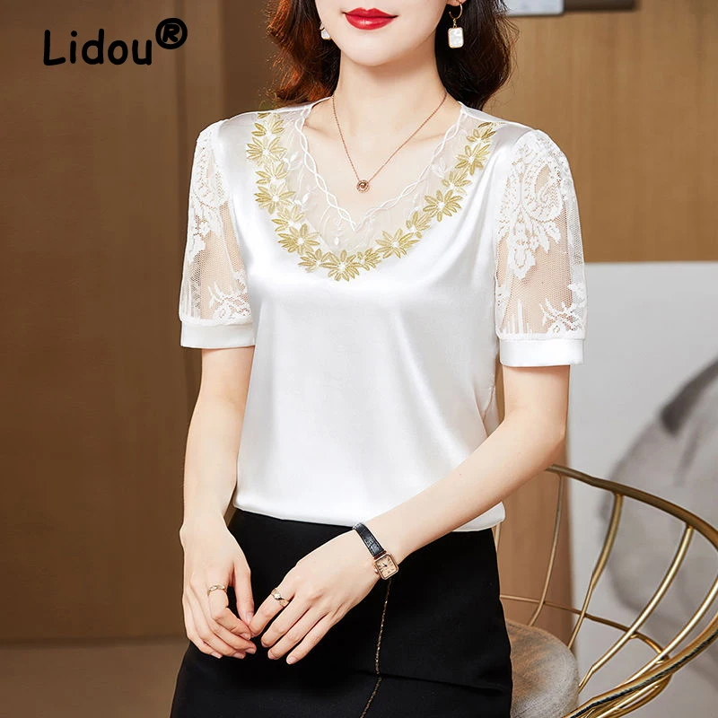 

Summer New Fashion Women Shirt V Neck Stitching Satin Lace Blouse Office Lady Short Sleeve Floral Mesh Solid Wild Tops Oversized