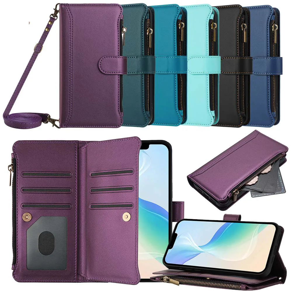 Zipper Multi-Card Wallet Flip Case with Lanyard