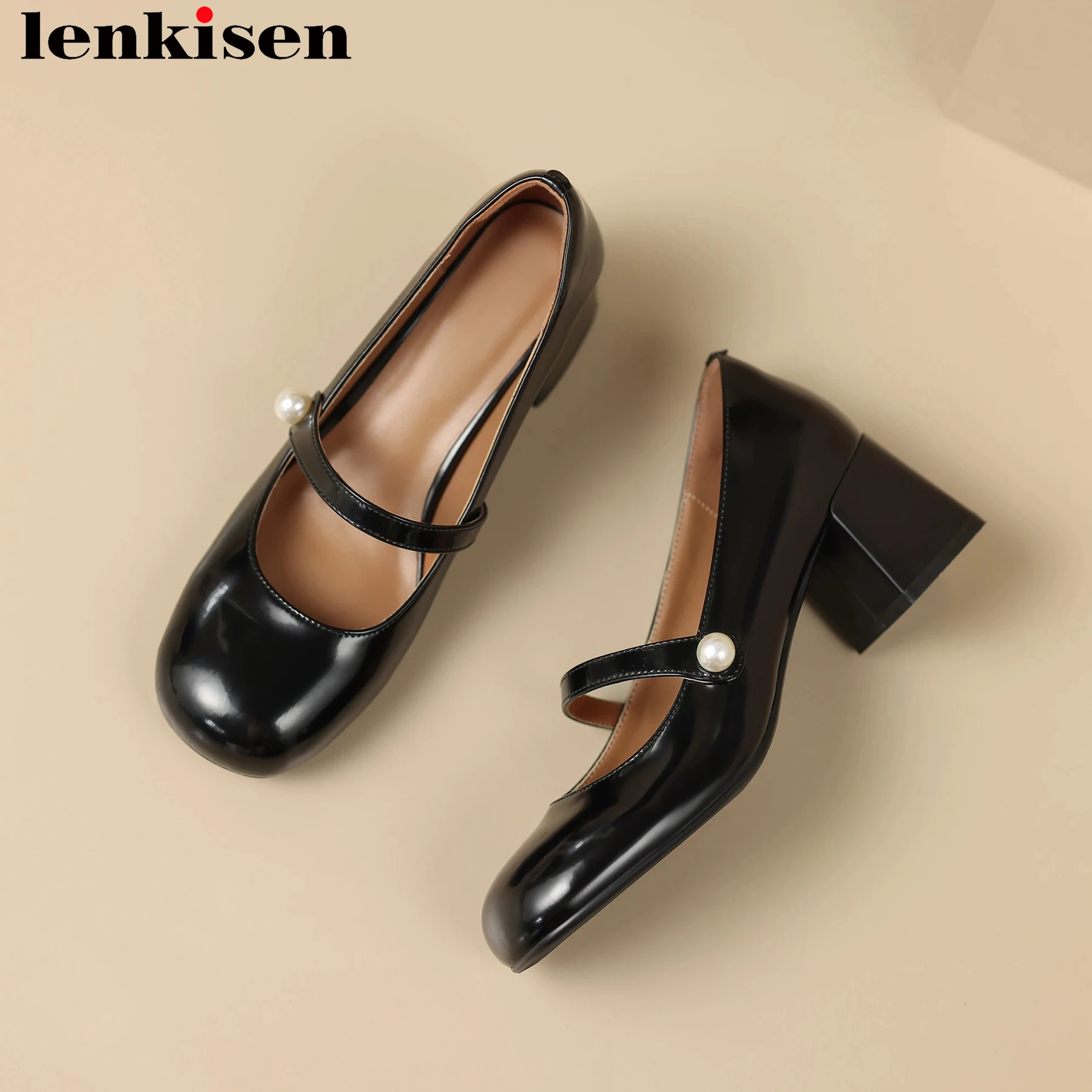 Lenkisen Superstar Pelle Di Mucca Mary Janes Poco Profondo Punta Tonda Tacchi Alti Perla Primavera Autunno Scarpe Ufficio Signora Dolce Donna Pompe