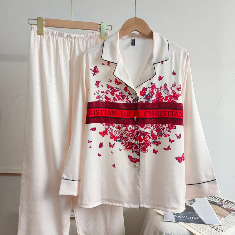 Ice silk butterfly women's pajamas two-piece set noble luxury long-sleeved pajamas set comfortable lapel women's home wear set