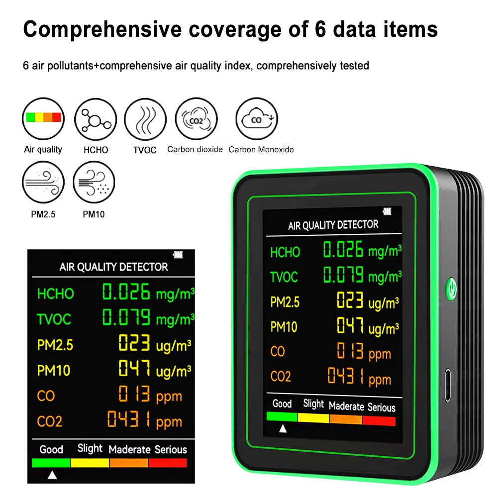 6 In 1 High Precision Air Quality Monitor Automatic Display Multifunctional PM2.5/PM10 HCHO TVOC CO2/CO Meter Gas Detector Tools