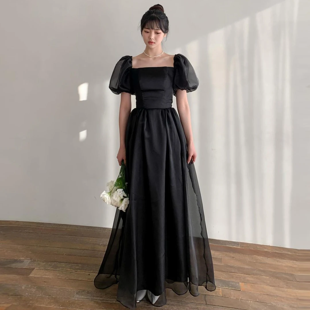 

OIMG Korea A-Line Black Prom Maxi Dresses Square Collar Ruched Organza Corset Simple Evening Gowns Formal Party Dress