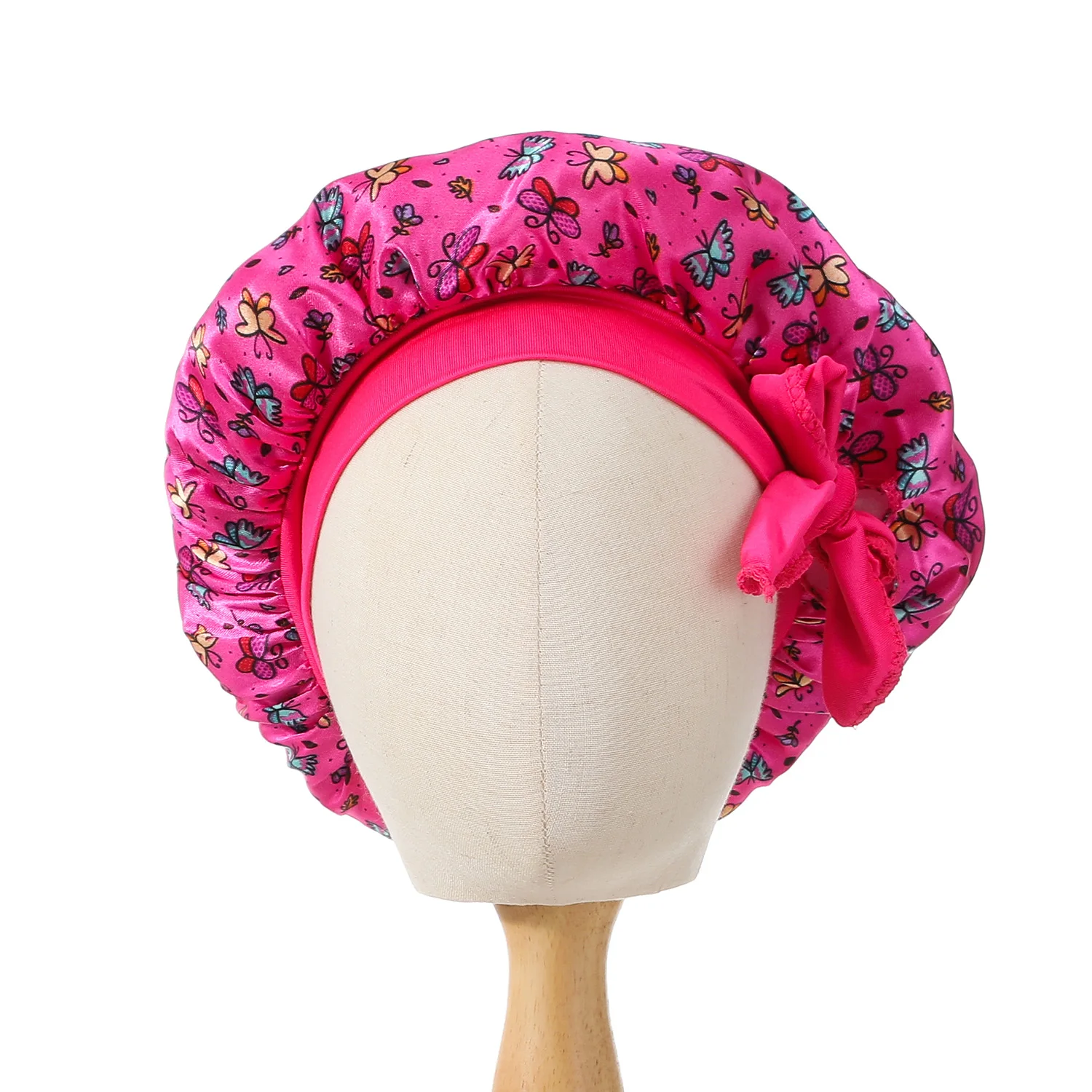 Kids Satin Bonnet Sleep Hat Silk Shower Cap for Child Hair Beanie at Night Boy Girls Flower Printed Silk Sleep Cap with Band Bow