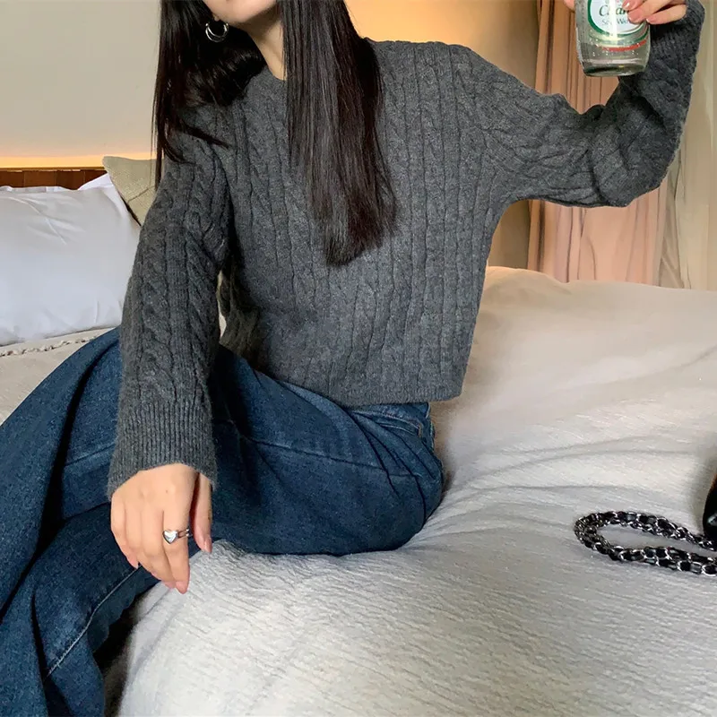 

Solid Short Fried Dough Twist Sweater Women Wear 2022 Korean Round Neck Pullover Long Sleeve Sweater
