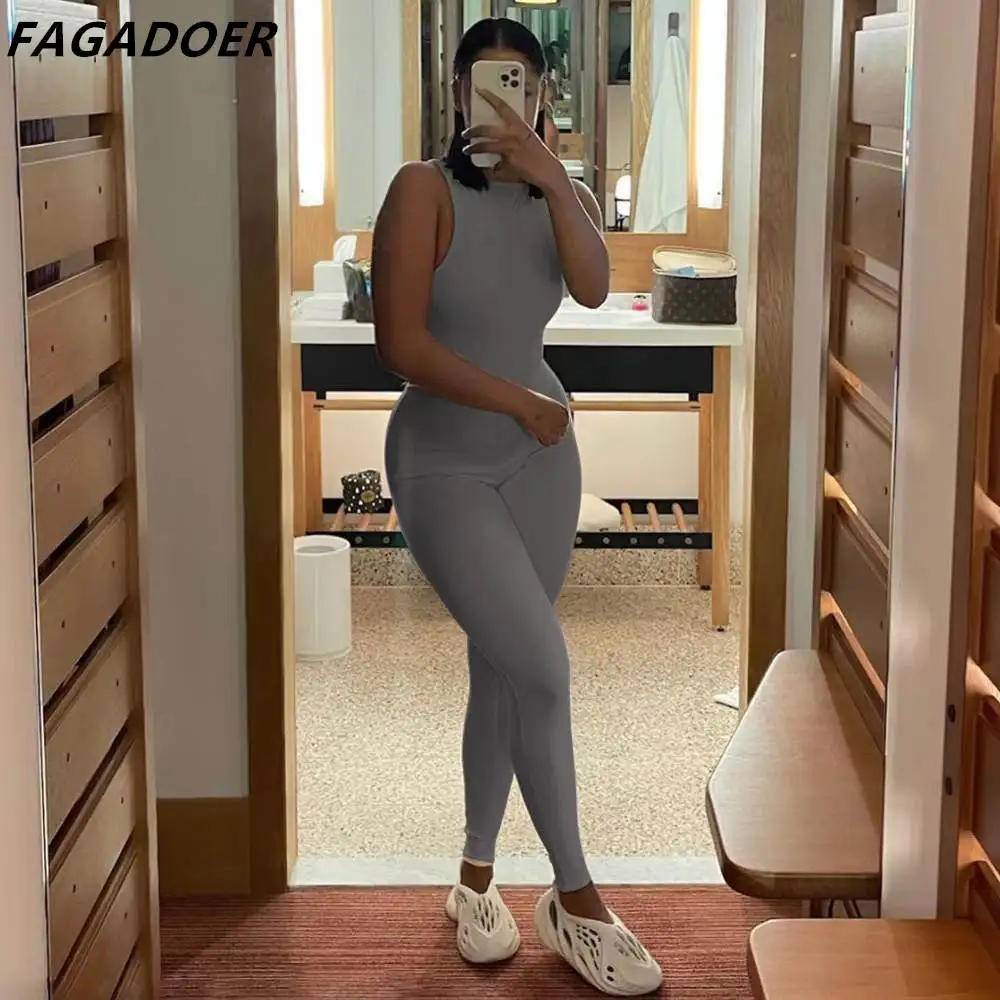 FAGADOER Sporty Skinny Sleeveless Jumpsuits Women Solid Slim Playsuits Spring Fall Bodycon Long Pants Romper Female Clothes 2022