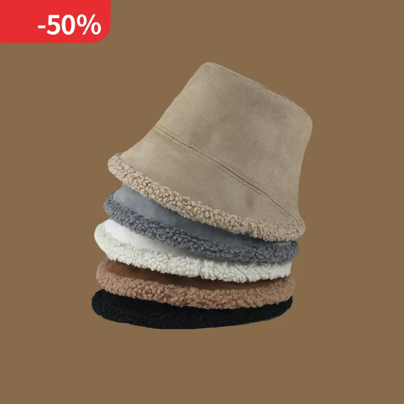 

Double-sided wearing hat women's fisherman hat Autumn Winter Warm Bucket Hat Lamb Wool Fleece Cap Corduroy Fisherman Hats