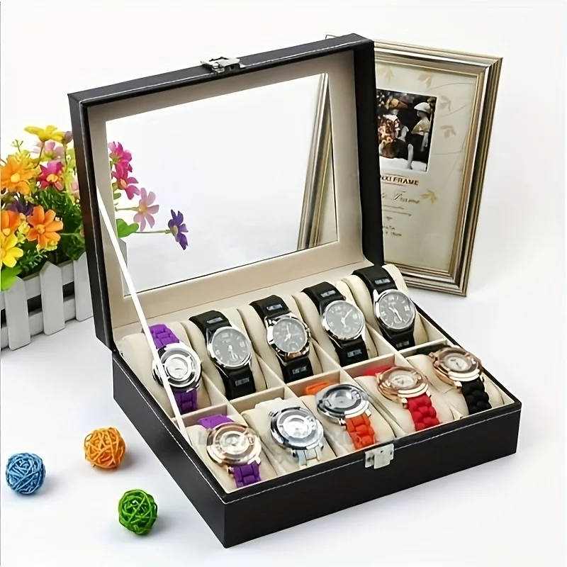 1pc Elegant Watch Storage,3/12-Compartment Showcase with Glass Top & Secure Locking Feature,High-Quality Faux Leather for Home