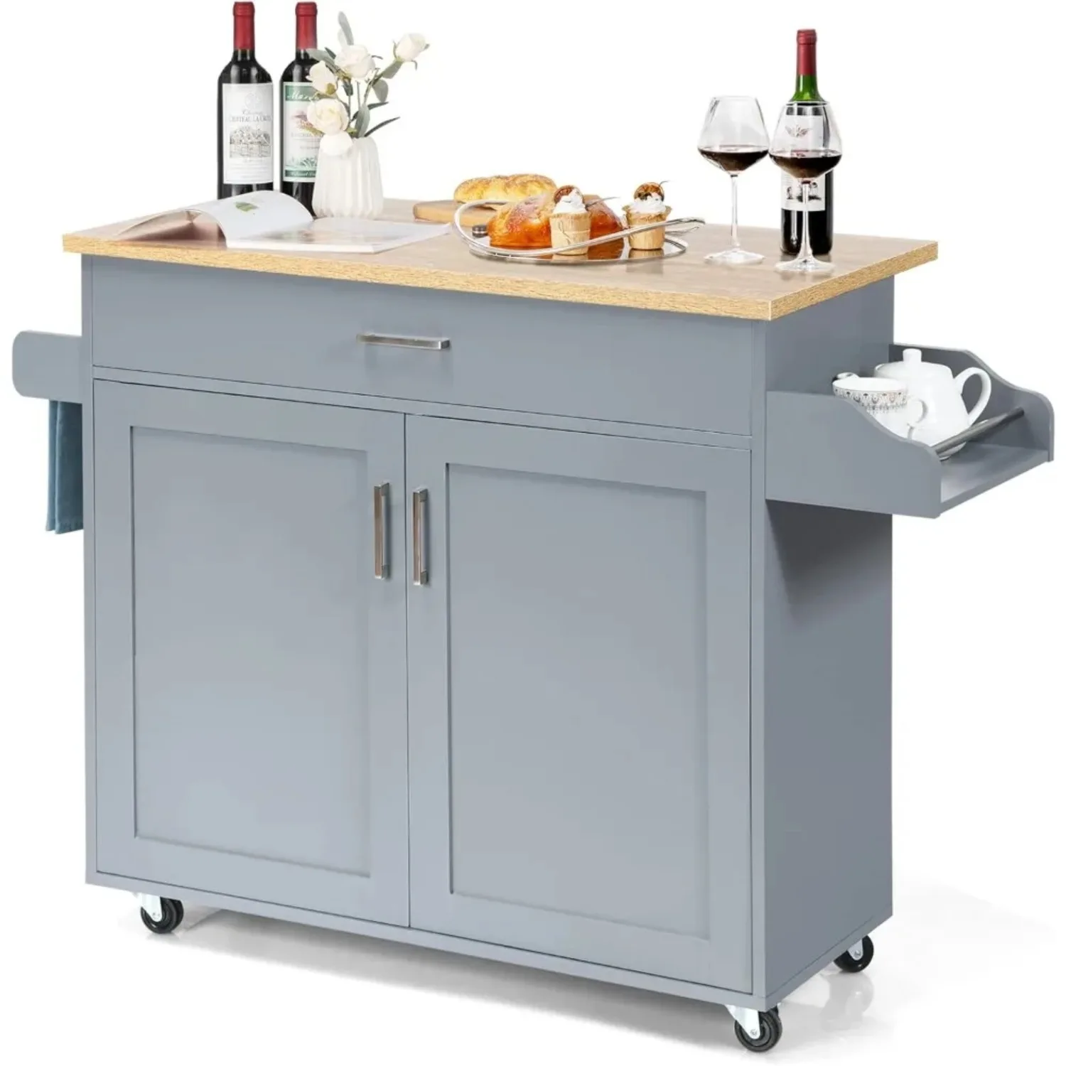 Kitchen Island Cart, Rolling Storage Trolley Cart with Lockable Rubber Wheels, Large Cabinet, Drawer, Spice Rack and Towel Rack
