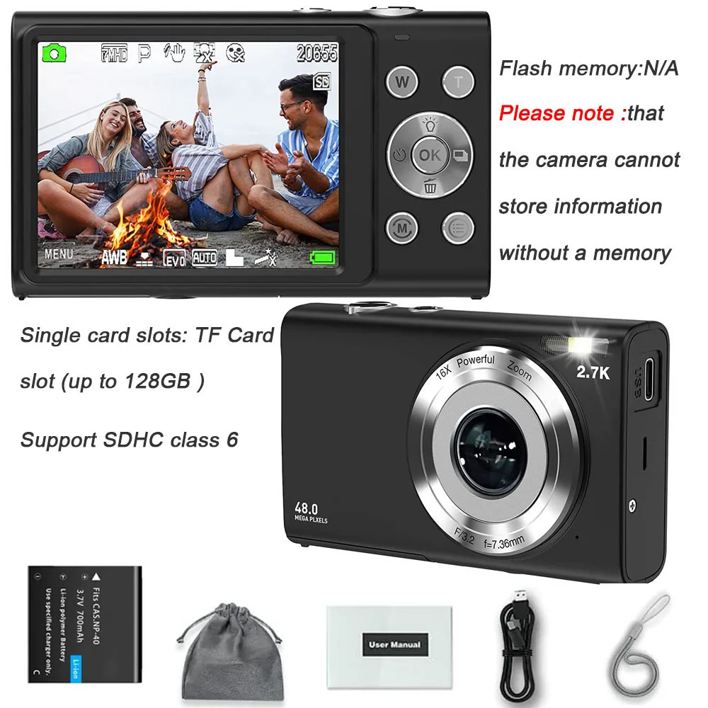 Fotocamera digitale 4K Fotocamera per vlogging con messa a fuoco automatica HD 48MP con videocamera a grande schermo da 2,8" per fotografia per bambini adulti