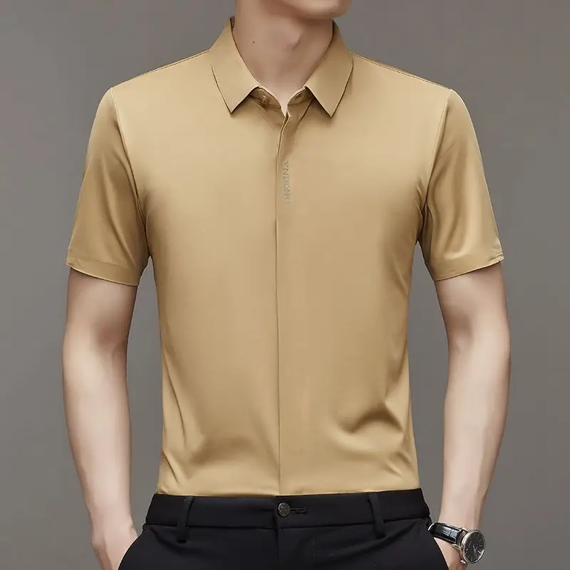 Summer Smart Casual Short Sleeved Men's Shirt Men's Solid Square Neck Button Embroidered Letter High End Wrinkle Resistant Tops