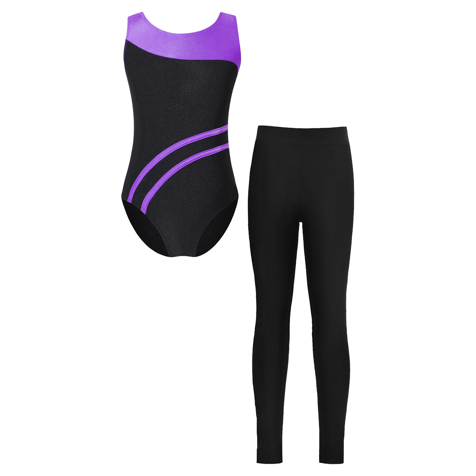 2pcs Kids Girls Dance Suits Open Back Contrast Color Sleeveless Leotard with Soild Color Leggings for Gymnastics Performance