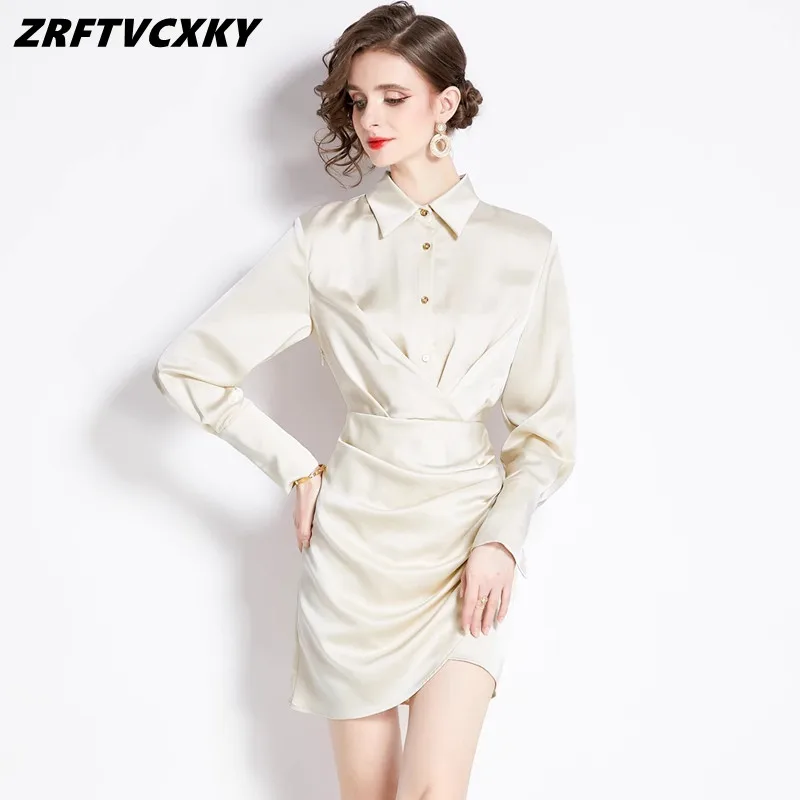 

Fashion Long Sleeve Solid Satin Mini Shirt Dresses For Women Elegant Lapel Collar Designer Folded Slim Dress Spring Clothing