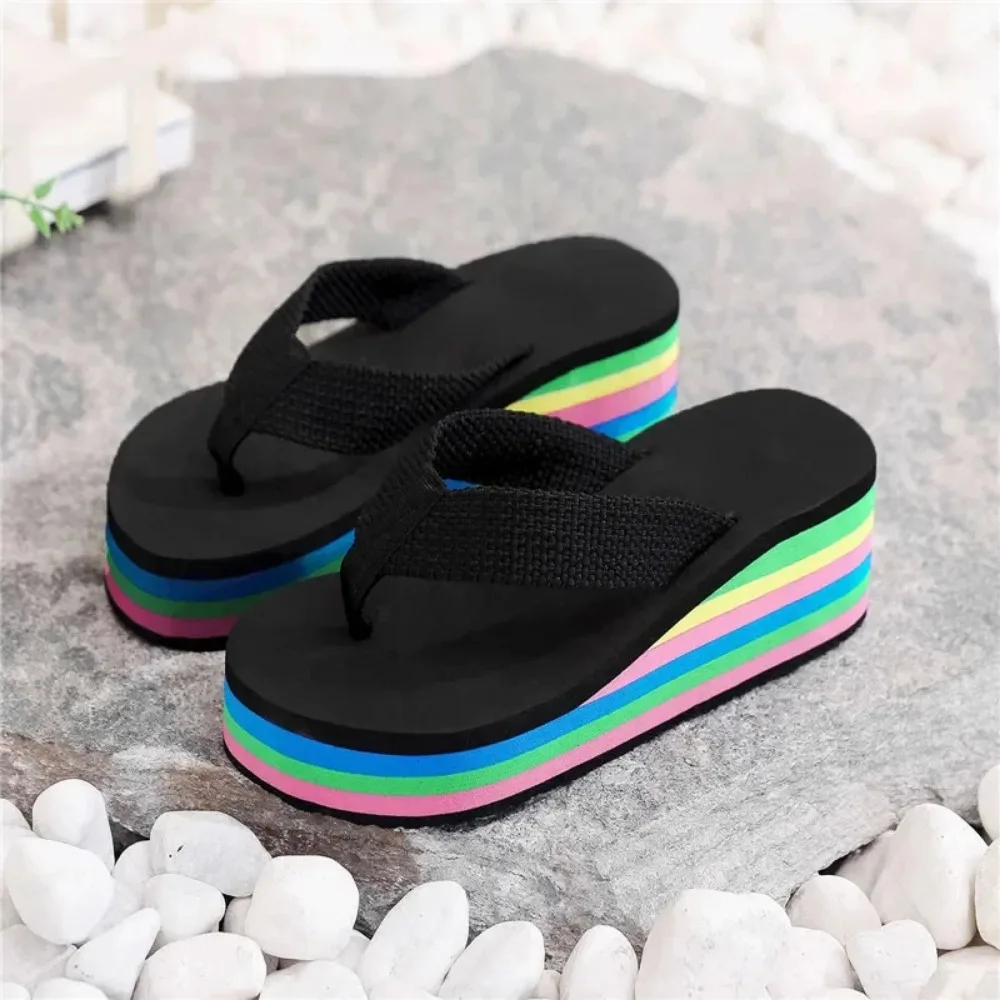 【COLOR iN ID】Round Summer Platform Sole Flip-flops Slippers Women Summer Rainbow Thick Soled Sandals Colorful