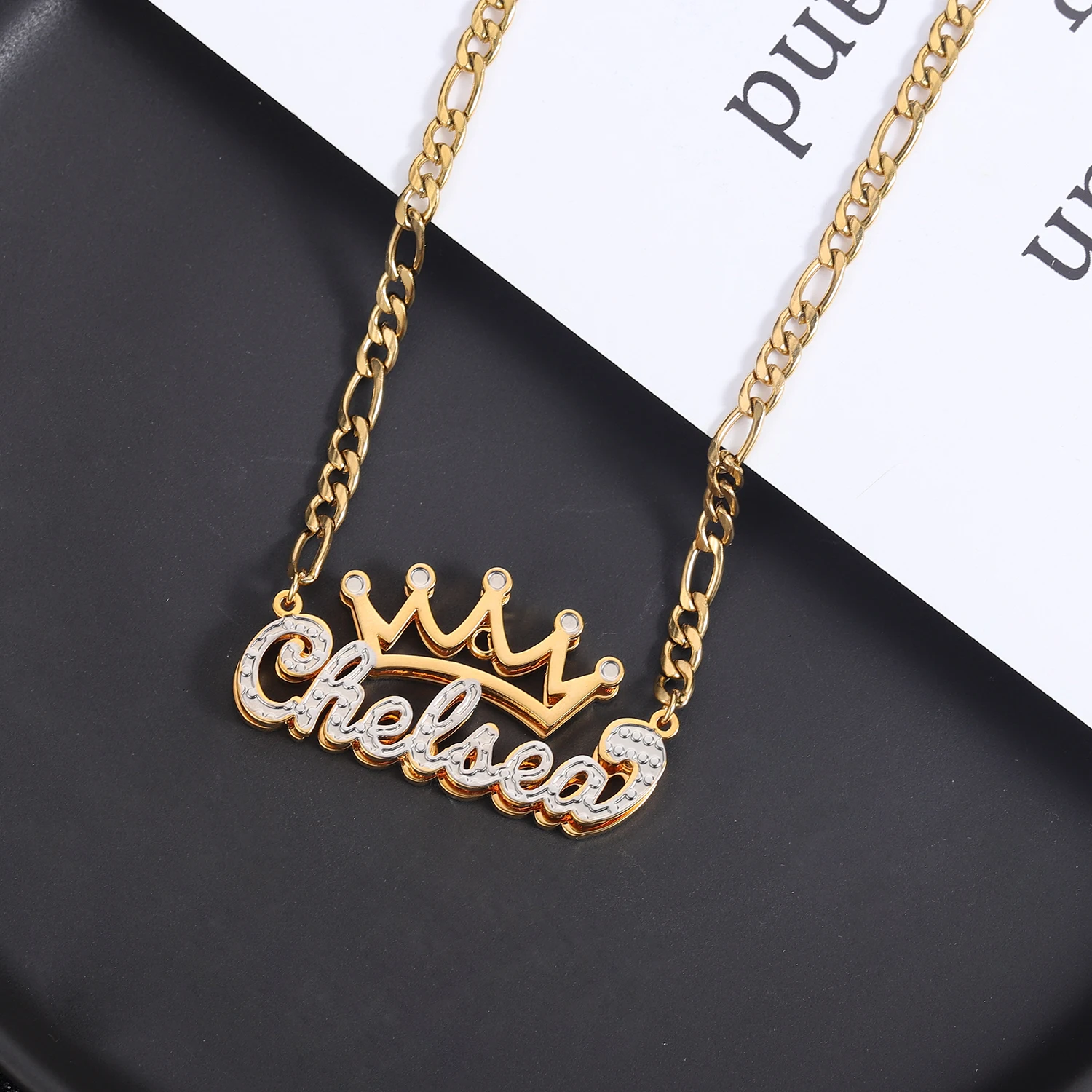 Two Color Tone Custom Crown Name Necklace For Her Personalise Crown Name Pendant Jewelry Stainless Steel Necklaces Figaro Chain