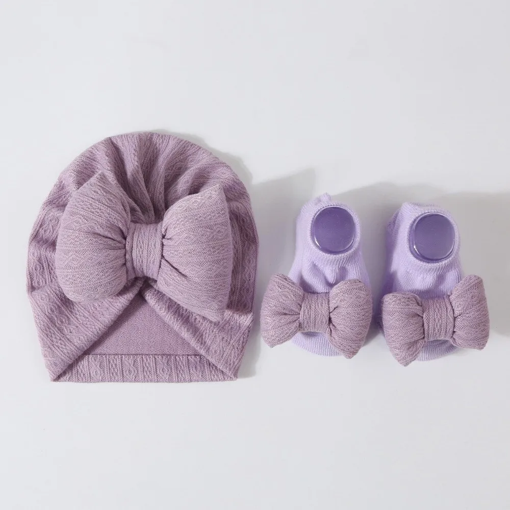 Cotton Knit Baby Hat Socks Set Big Bowknot 0-12 Months Baby Bow Fetal Cap Warm Elastic Newborn Turban Hat Baby