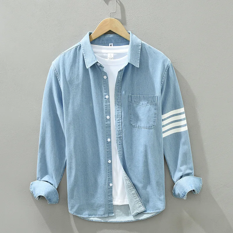 Long Sleeve Denim Shirt for Men Pure Cotton Casual Cowboy Tops Clothing Male Stripes Button Up Shirt