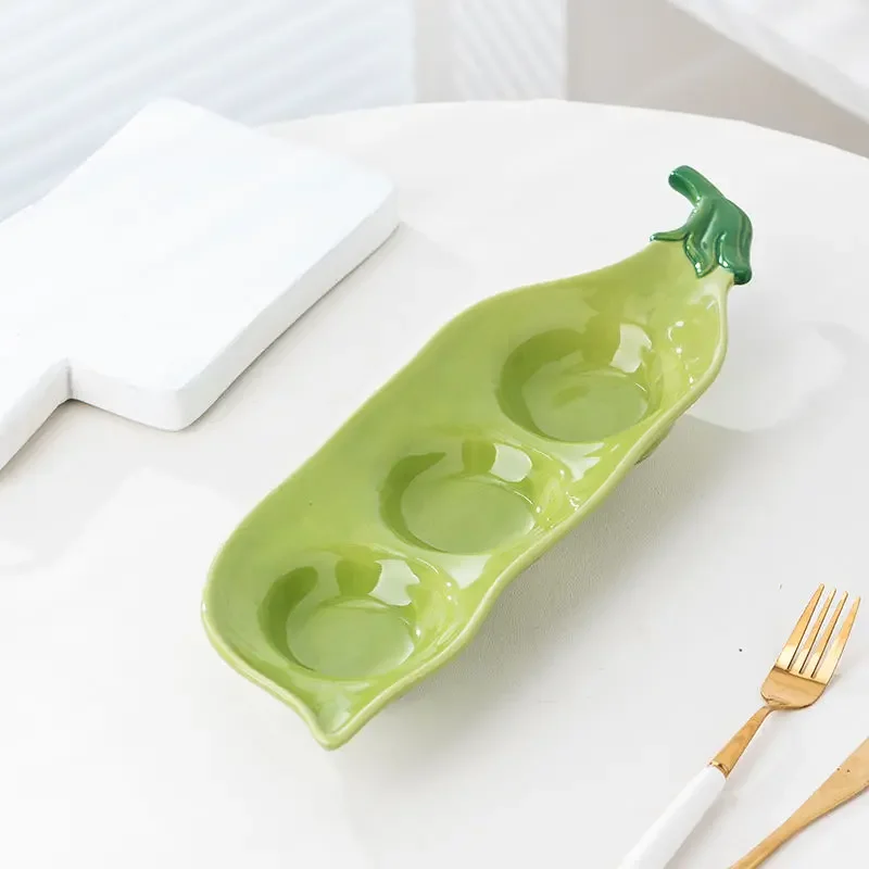 Pea Pod Shaped Ceramic Long Plate Underglaze Color Decoration Nut Side Dish Dim Sum Plate Household Restaurant Dishes Layout