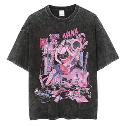 Vintage Washed Harajuku Graphic T-Shirt - Japanese Anime Nana Osaki Print, Summer Short Sleeve Cotton Tee - S (Black-AF063C)