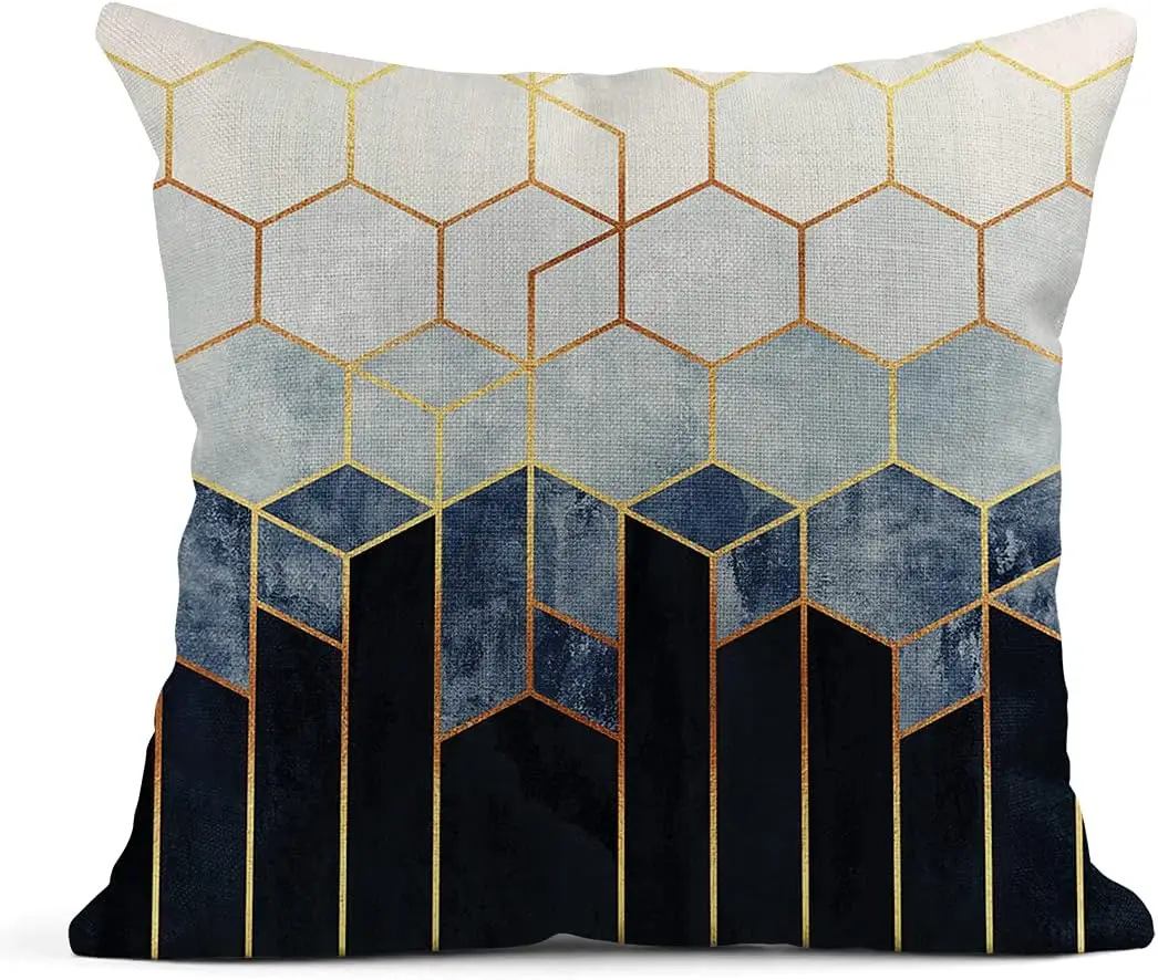 

Linen Pillow Cover Green Gray Modern Geometric and Gold Line Pattern Home Decorative Pillowcase Square Sofa Bed Cushion Cover