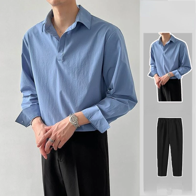 

2023 Summer Mens Long Sleeve Shirt Set British Style Casual Shirt and Trousers Two Piece Set Male Sports Suit Loose Big Size V10