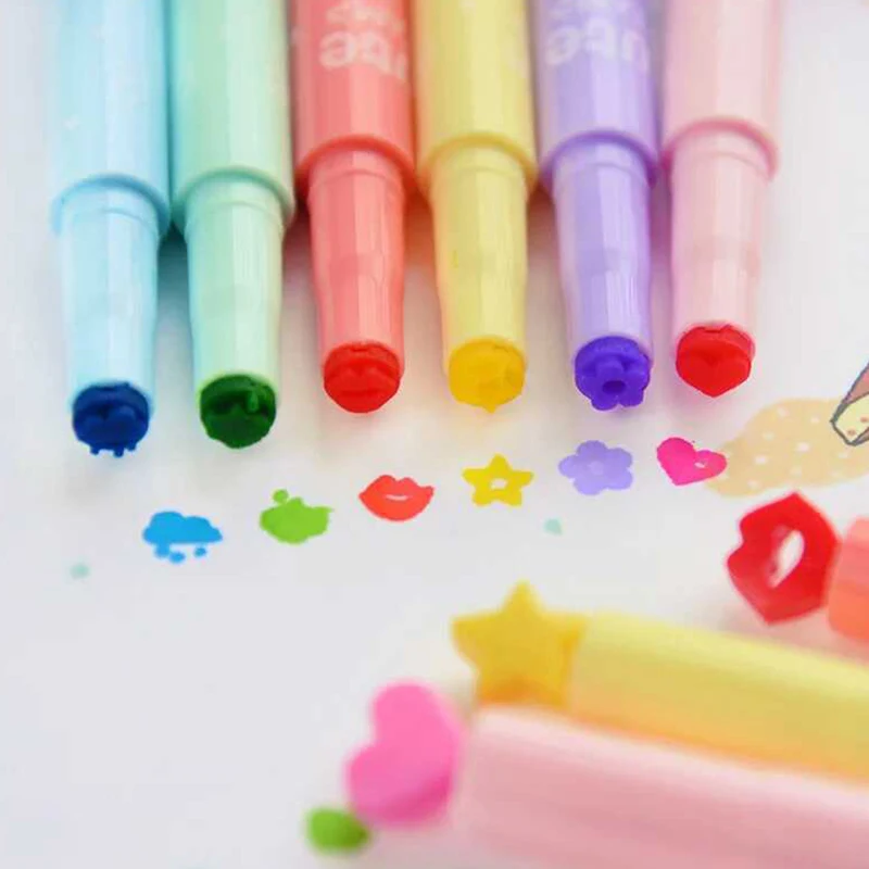 6Pcs/Lot Cute Highlighters Stamp Marker Pen children Stationery Supplies Gifts 46pcs pack kawaii cute strawberry stamp stickers scrapbooking marker book diary school supplies stationery sl3002