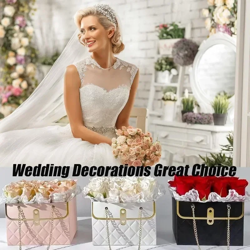 Portable Flower Paper Gift Bag Bouquet Portable Flower Handbag Box with Metal Chain Rectangle Wedding Gift Wrap Bag Florist Party Gift Bags Gift Wrapping Paper Gift Boxes Gift Wrapping Organizer Flower Bags