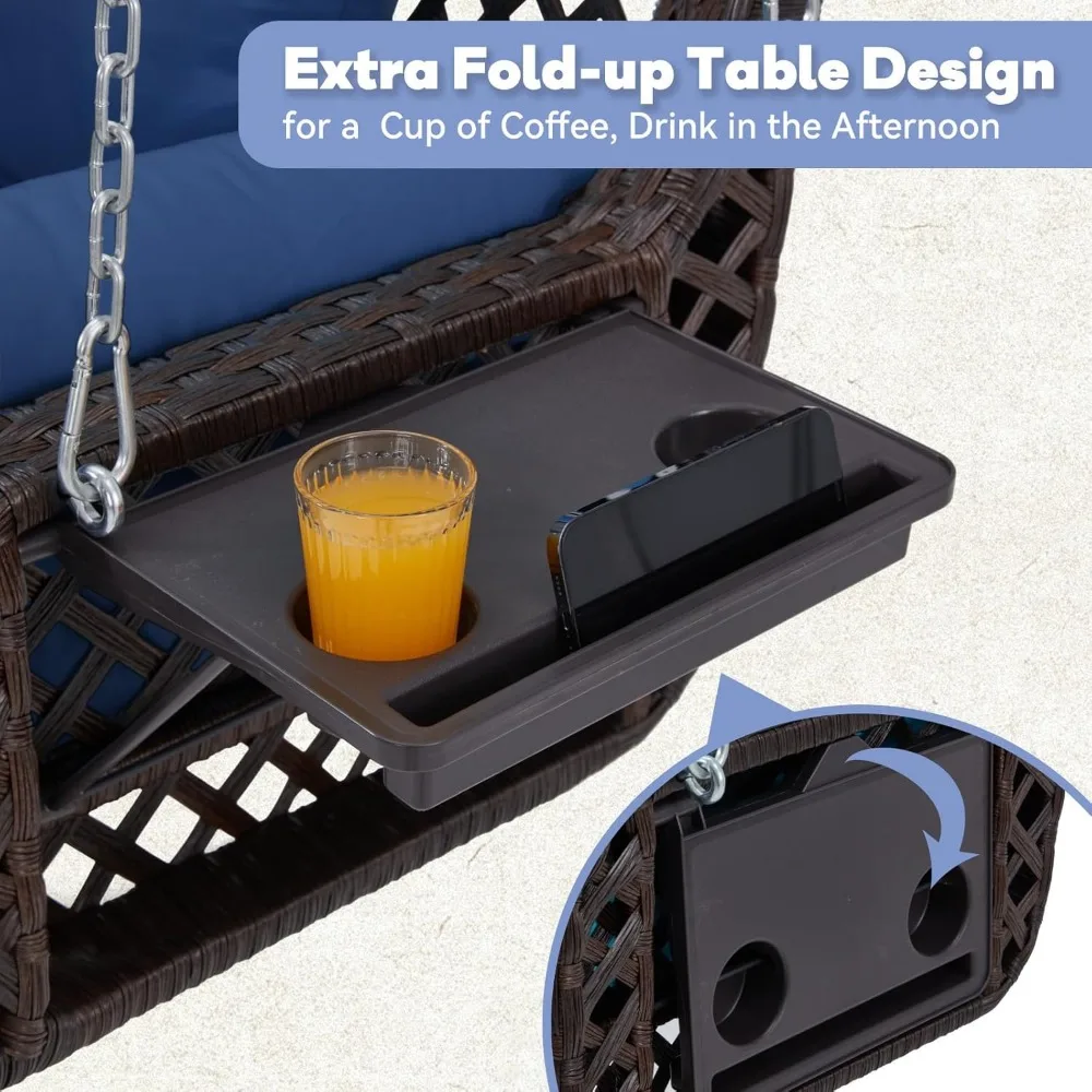 3 Seat Porch Swing, Wicker Patio Swing with Cup Holders & 3 Back Cushions, Yard Swing with Chains for Deck Garden Backyard 6