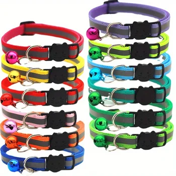 10pcs Winter Reflective Cat Collars with Adjustable Safety Buckle & Bell - Durable Polyester Straps, for Small Cats, Cat Collar