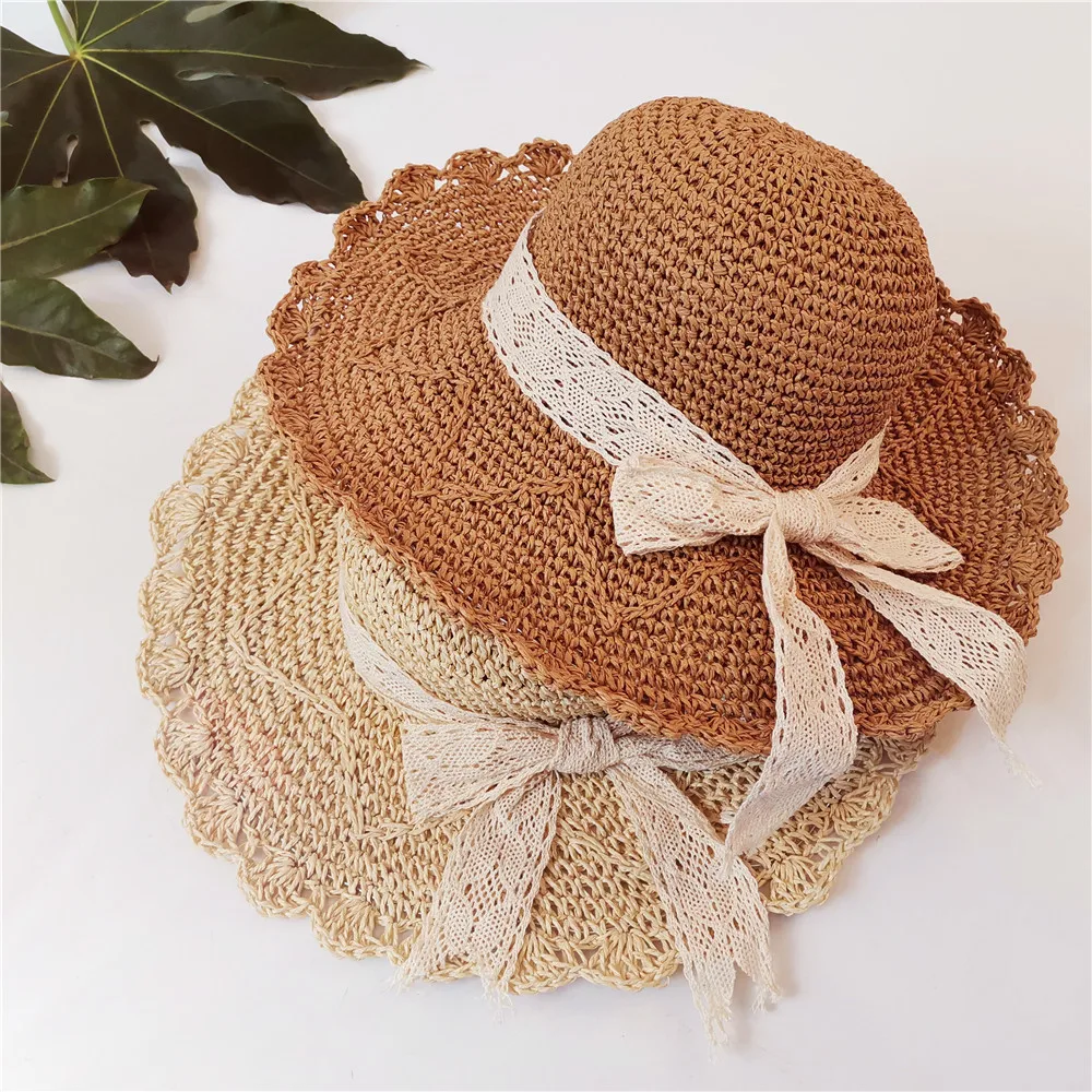2021 Korean Version Beach Hat Lady's Outdoor Outing Straw Shade Large Eaves Foldable Bow Sun Straw Hat