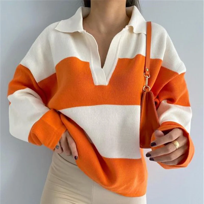 

2022 New Autumn and Winter Sweater Women Korean Version of The Lapel Hit Color Wild Slim Striped Knit Bottoming Pullover Sweater