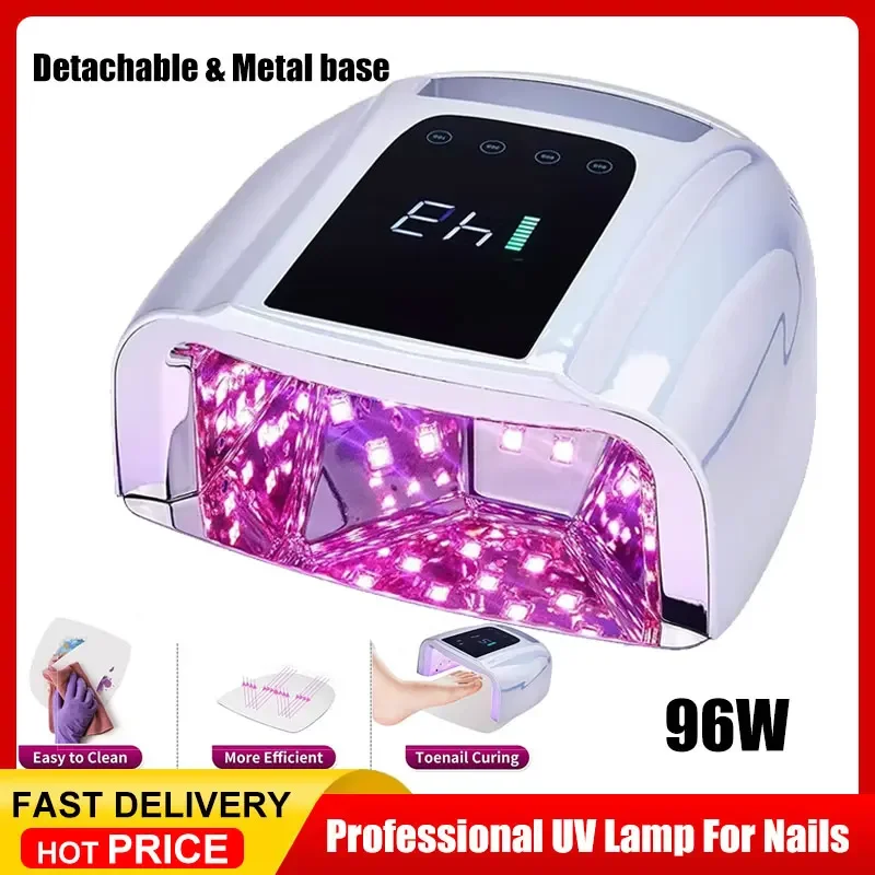 96W 미러 반사 네일 램프, 금속 패드가 있는 무선 매니큐어 건조기, 무선 UV 라이트 네일용, 충전식 네일 UV LED 램프