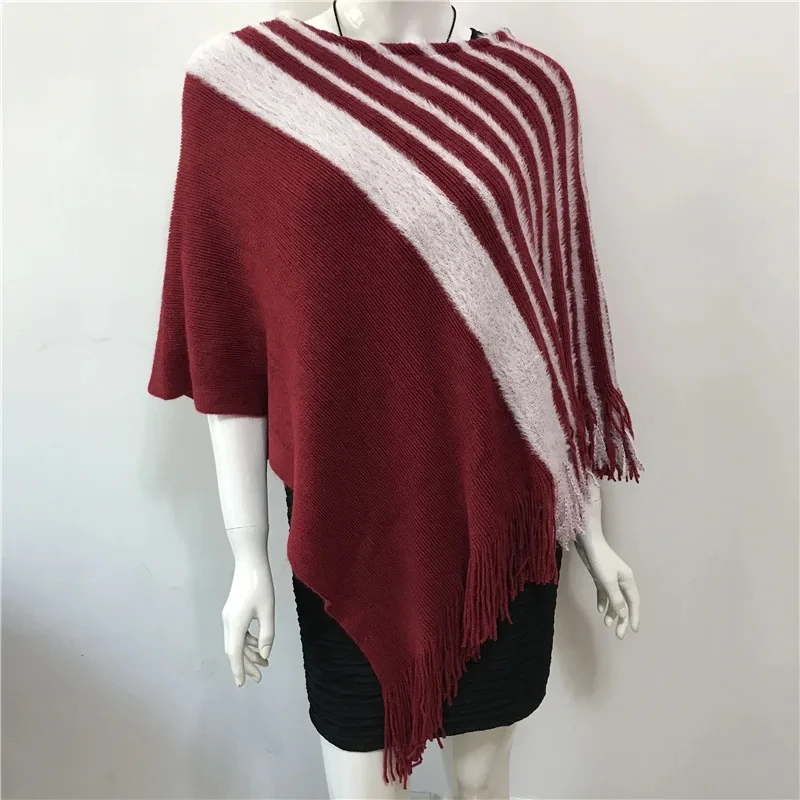 

2024 Spring Autumn New Women Knitted Cloak Diagonal Stripe Color Matching Knitted Poncho Cape Tassel Cloak Sweater Shawl Red