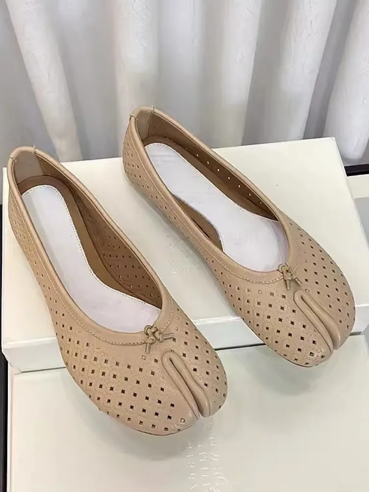 Summer Women Breathable Hollow Out Sheepskin Genuine Leather Flats Shoes Slip On Loafers Bowknot Slip Toe Moccasin Gommino Shoes 2
