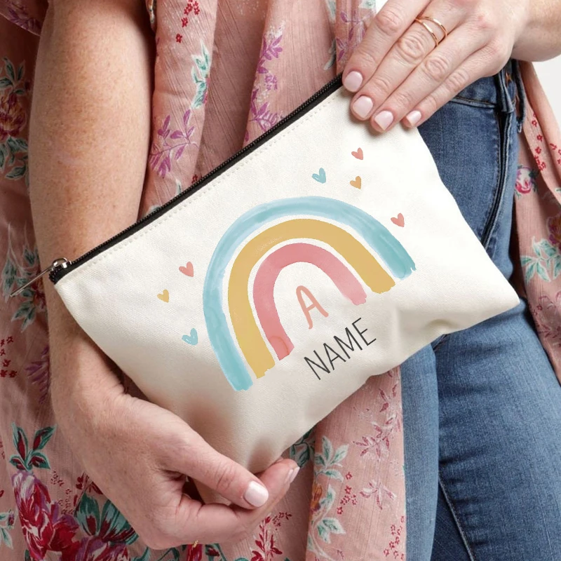 Love Rainbow Letter Cosmetic Bag Customize Name Canvas Zipper Pouch Lipstick Perfume Makeup Bags Pencil Case Teacher Bride Gift 3