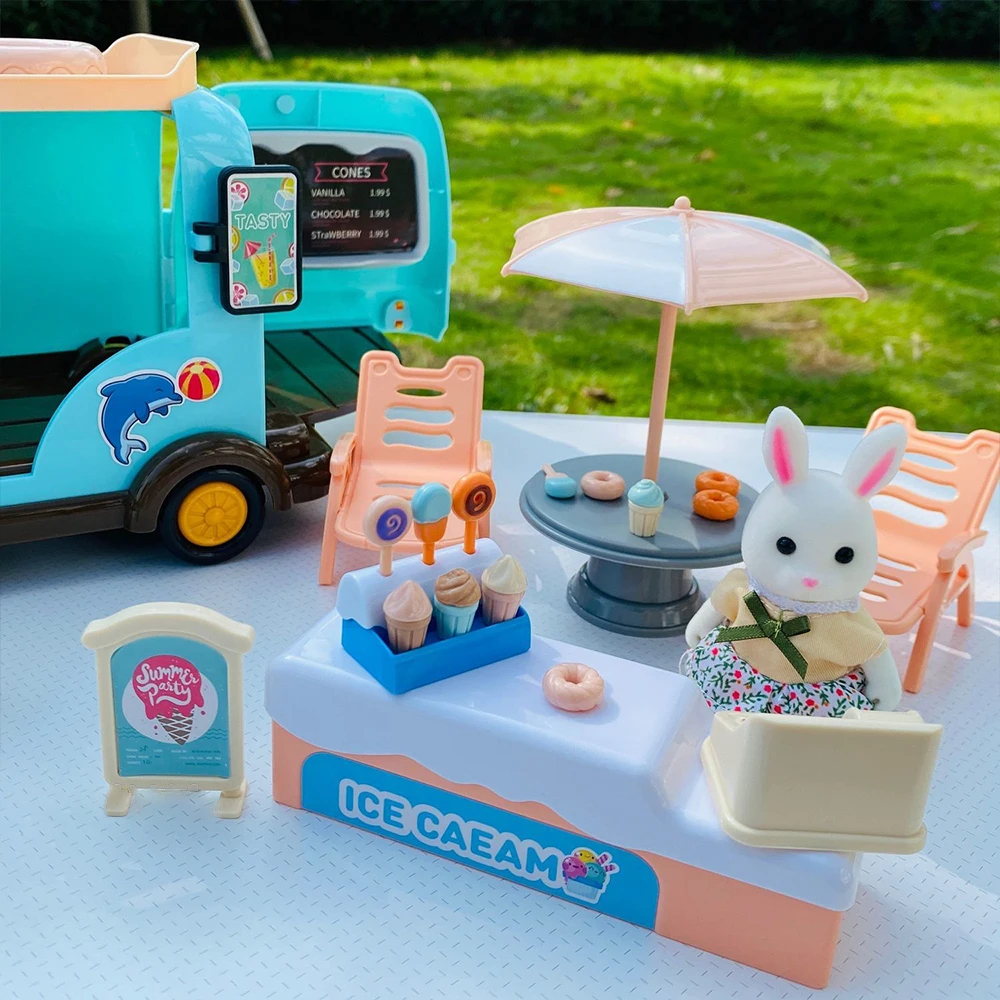 Beach Bus 1/12 Forest Family Bunny Ice Cream Sales Vehicle Dollhouse Miniature Furniture For Girls Play House Toy Birthday Gifts 2