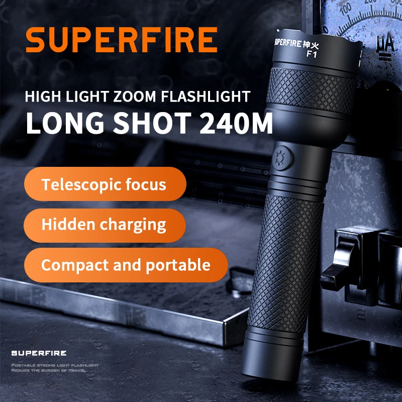 SUPERFIRE F1 Zoom LED Flashlight EDC Torch USB C Rechargeable 240M 18650 Flash Light Outdoor Emergency Aluminum alloy Lantern