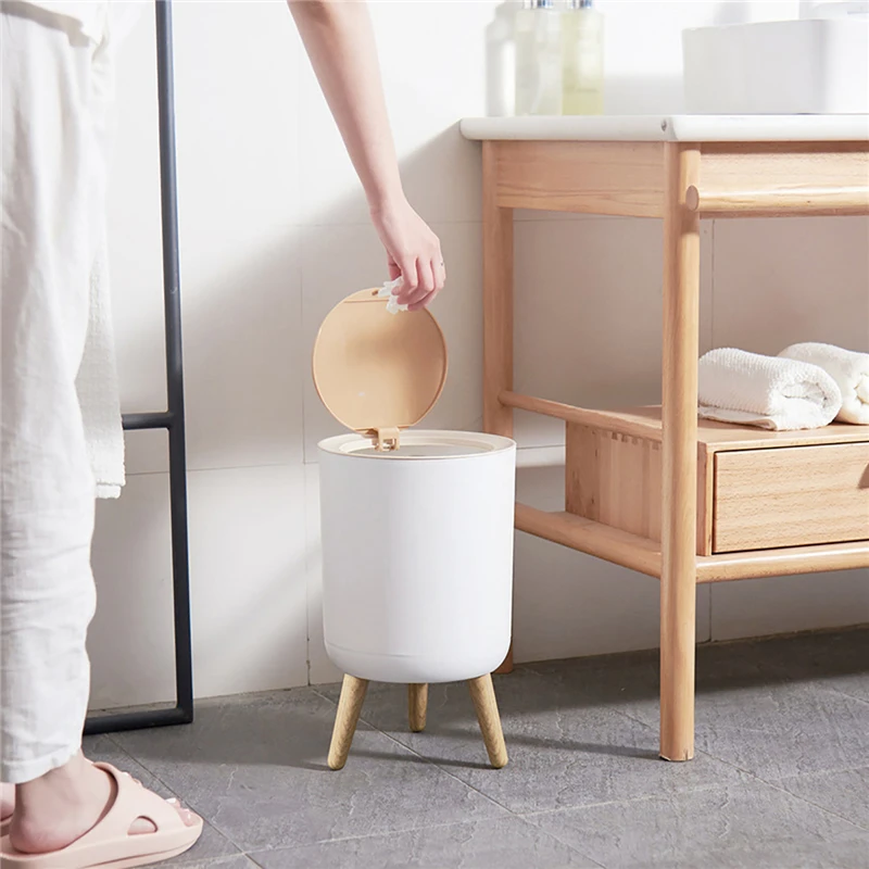 

One-Press Top Trash Can with Lid Waste Basket Modern Tall Wood Grain with Legs Garbage Bins for Bedroom Bathroom Kitchen Office