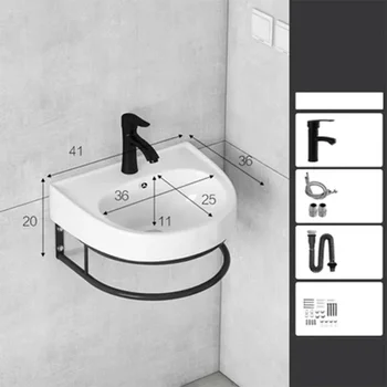 흰색 미니 세라믹 세면대 벽걸이 욕실 싱크대 변기, 간단한 세척 대야, 발코니 핸드 워시 풀, 수도꼭지 포함, 41*36*11cm