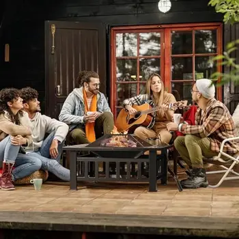 32 inch Metal Outdoor Fire Pit Table Multiuse Square Patio BBQ Firepit with Spark Screen Lid and Waterproof Cover for Camping 2