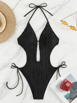 Sexy Halter V Neck Wrinkled Female Swimwear One Piece Swimsuit Women Backless Monokini High Leg Cut Bathing Suit Swim Beach Wear 1