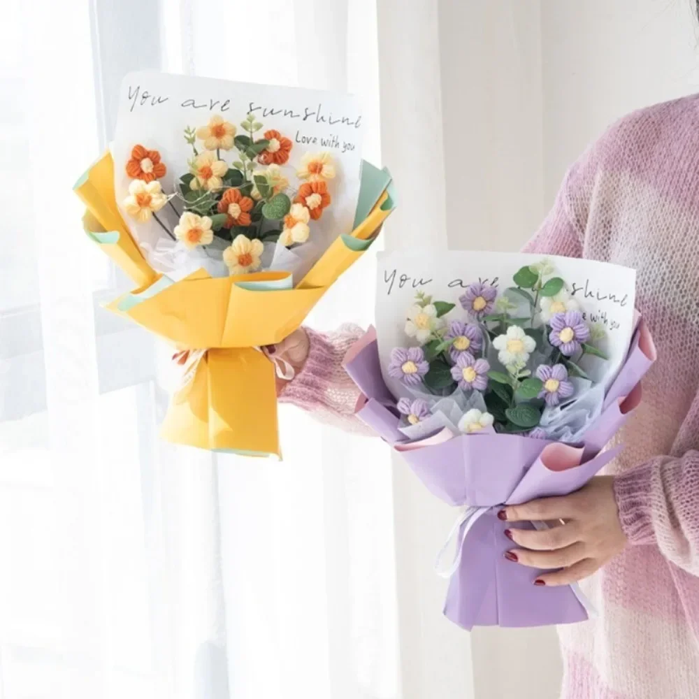 1pc Crochet Flowers Bouquet Finished Graduation Flower Bouquet With Gift Bag Led Lamp String Festival Decoration Handmade Gifts