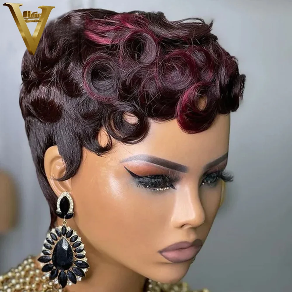 

Burgundy Ginger Short Pixie Cut Full Machine Made Wigs Curly Ready to Wear Wigs For Black Women Brazilian Virgin Human Hair Wigs