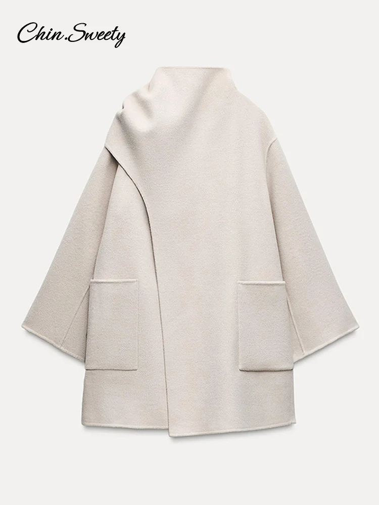 Winter Woolen Women's Scarf Collar Coat Solid Pockets Long Sleeve Loose Midi Overcoats 2024 Autumn Winter Lady Fashion Outwear 5