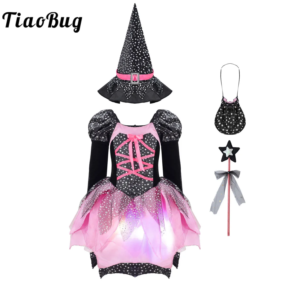 

Kid Girls Halloween Witch Costume Purple Mesh Tulle Bat Princess Dress Up Dress with Witch Hat Outfit Carnival Party Cosplay Set